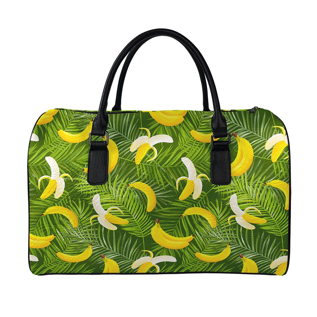 Green Tropical Banana Pattern Print Leather Duffle Bag