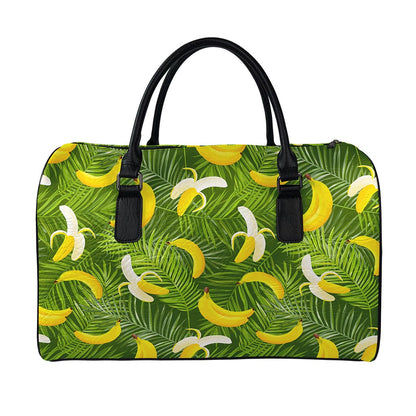 Green Tropical Banana Pattern Print Leather Duffle Bag
