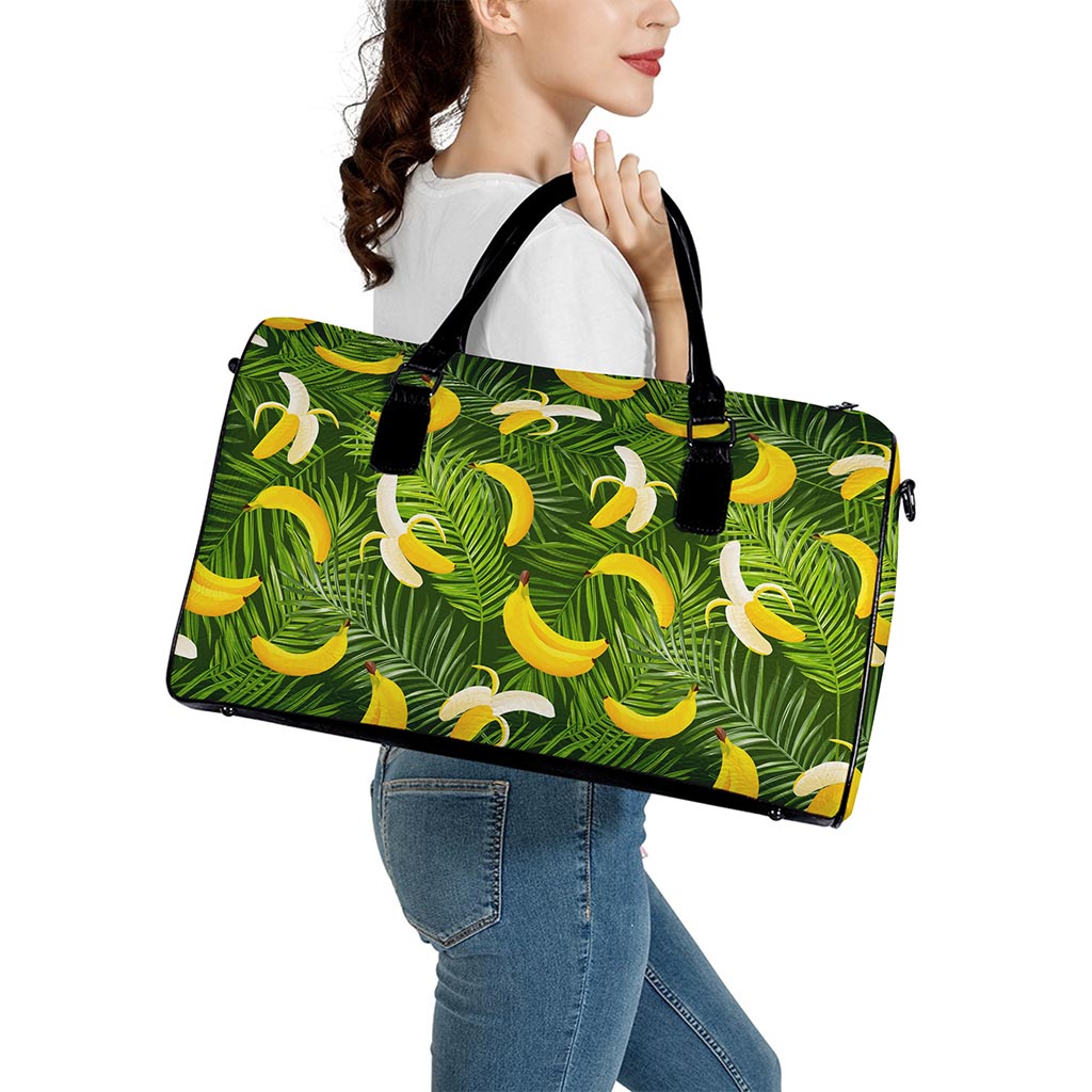 Green Tropical Banana Pattern Print Leather Duffle Bag
