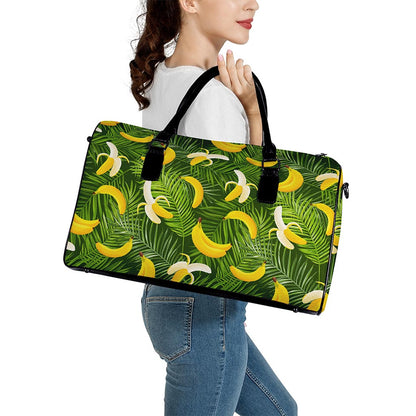 Green Tropical Banana Pattern Print Leather Duffle Bag