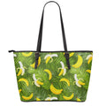 Green Tropical Banana Pattern Print Leather Tote Bag With Zipper