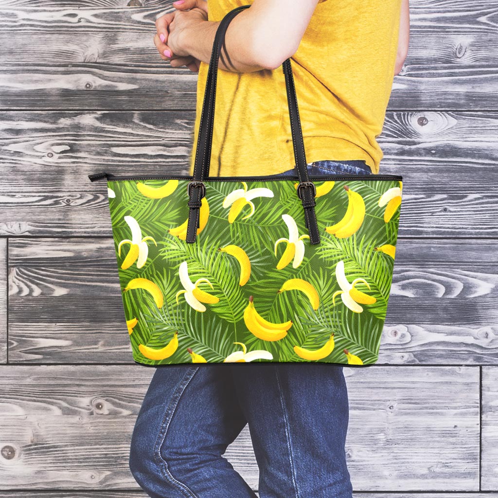Green Tropical Banana Pattern Print Leather Tote Bag