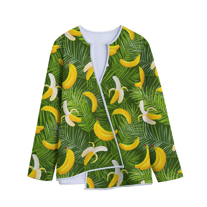 Green Tropical Banana Pattern Print Long Sleeve Short Coat