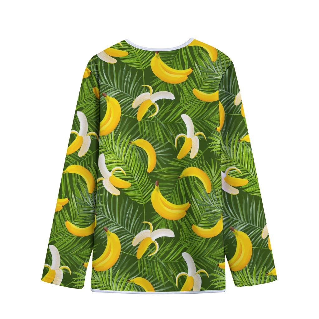 Green Tropical Banana Pattern Print Long Sleeve Short Coat