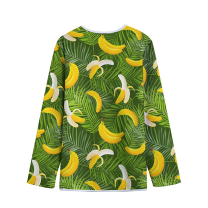 Green Tropical Banana Pattern Print Long Sleeve Short Coat