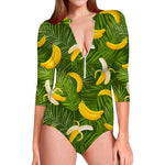 Green Tropical Banana Pattern Print Long Sleeve Swimsuit