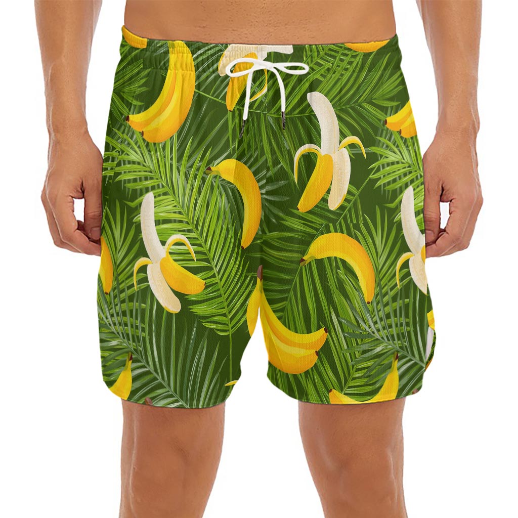 Green Tropical Banana Pattern Print Men's Split Running Shorts