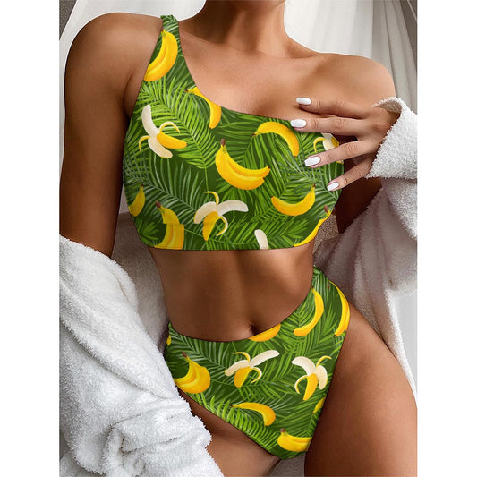 Green Tropical Banana Pattern Print One Shoulder Bikini Top