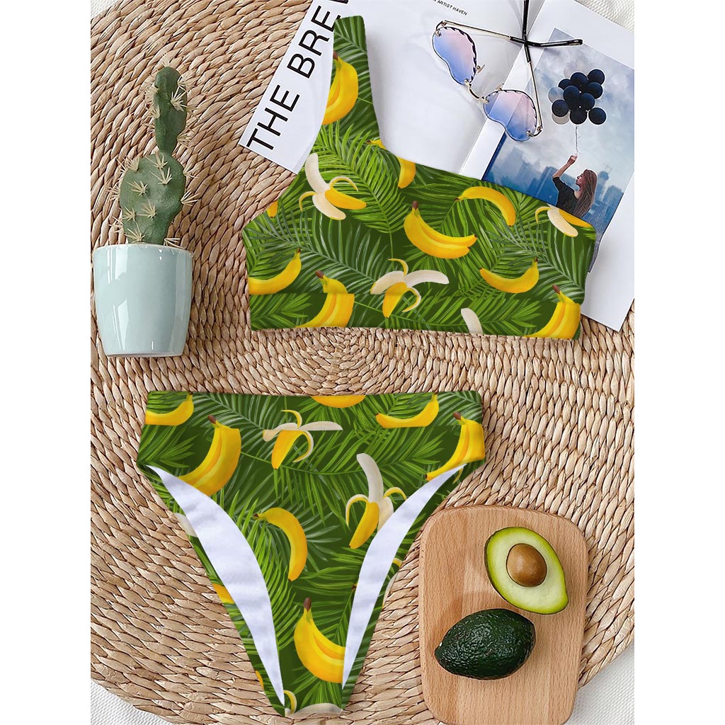 Green Tropical Banana Pattern Print One Shoulder Bikini Top
