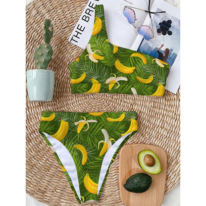 Green Tropical Banana Pattern Print One Shoulder Bikini Top