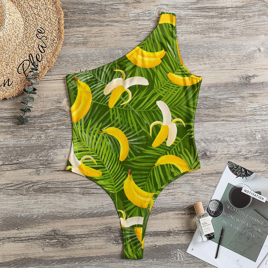 Green Tropical Banana Pattern Print One Shoulder Bodysuit