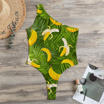 Green Tropical Banana Pattern Print One Shoulder Bodysuit