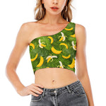 Green Tropical Banana Pattern Print One Shoulder Crop Top