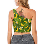 Green Tropical Banana Pattern Print One Shoulder Crop Top