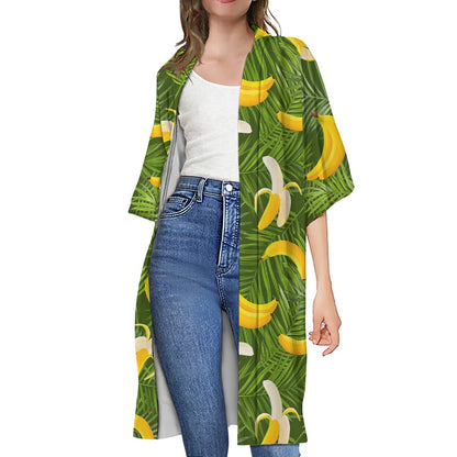 Green Tropical Banana Pattern Print Open Front Beach Cover Up