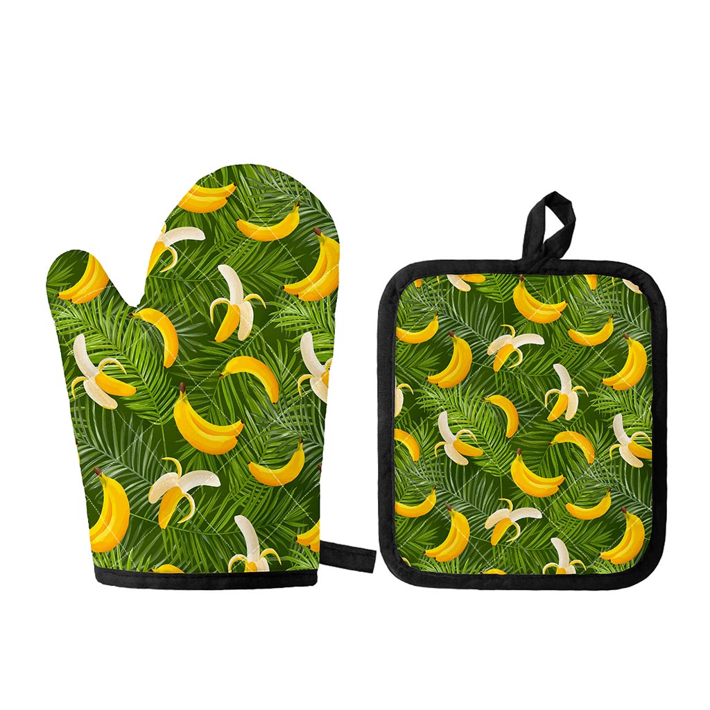 Green Tropical Banana Pattern Print Oven Mitt And Pot Holder Set