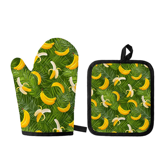 Green Tropical Banana Pattern Print Oven Mitt And Pot Holder Set