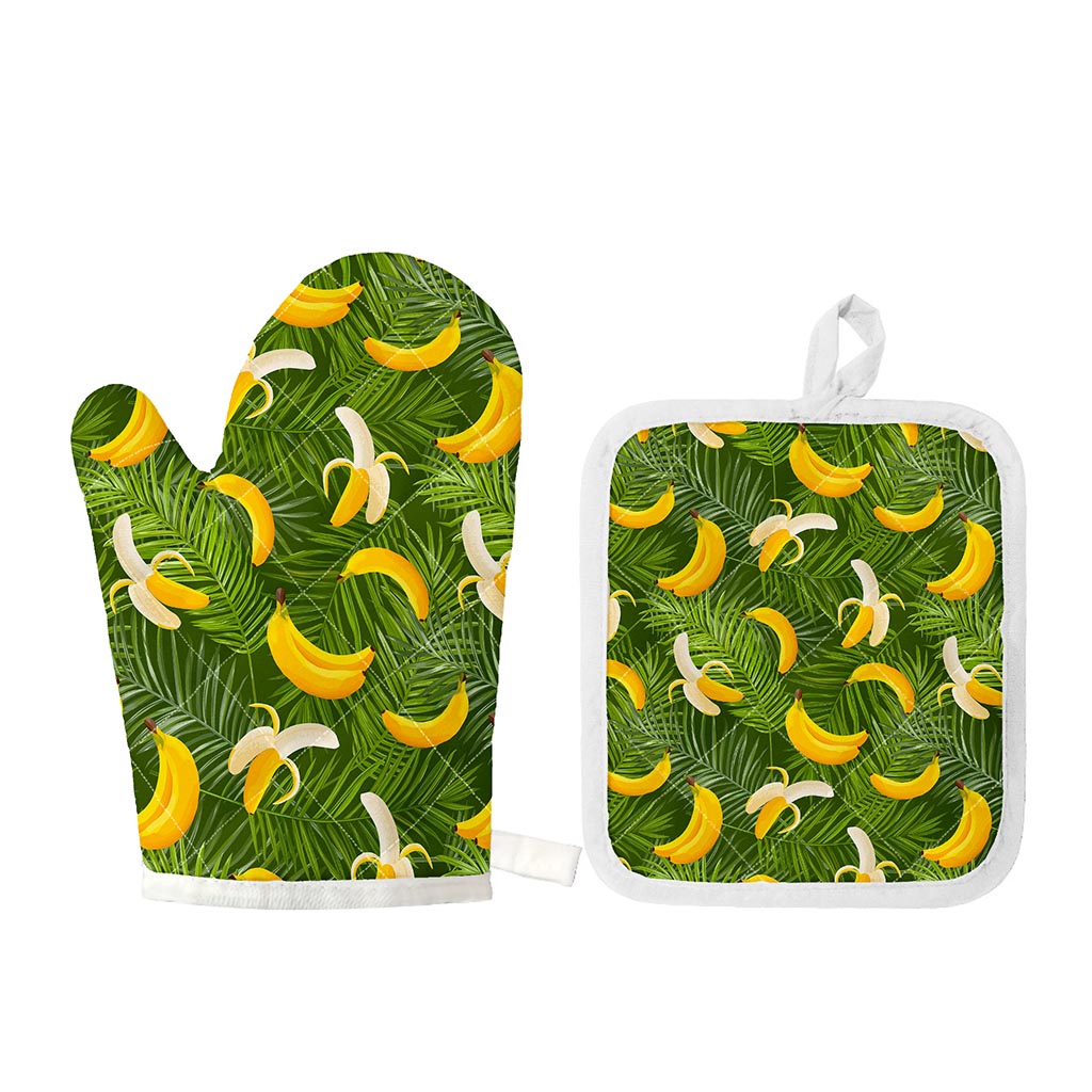 Green Tropical Banana Pattern Print Oven Mitt And Pot Holder Set