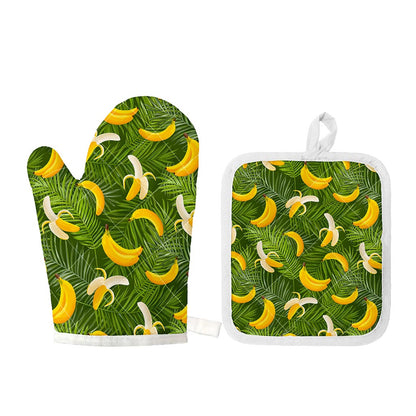 Green Tropical Banana Pattern Print Oven Mitt And Pot Holder Set