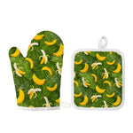 Green Tropical Banana Pattern Print Oven Mitt And Pot Holder Set