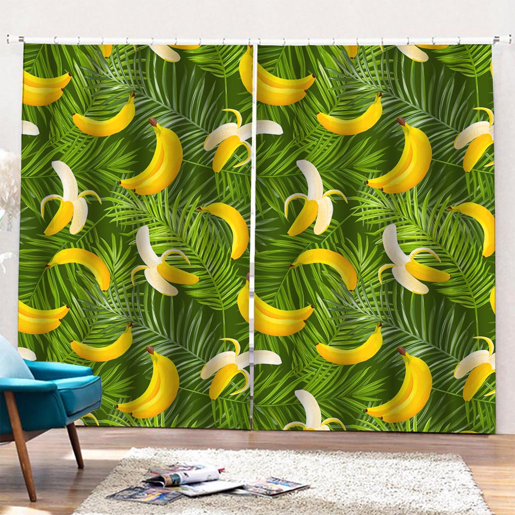 Green Tropical Banana Pattern Print Pencil Pleat Curtains