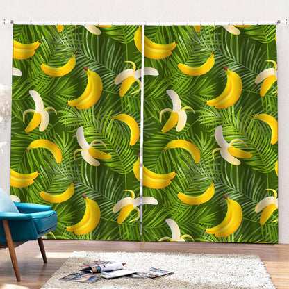 Green Tropical Banana Pattern Print Pencil Pleat Curtains
