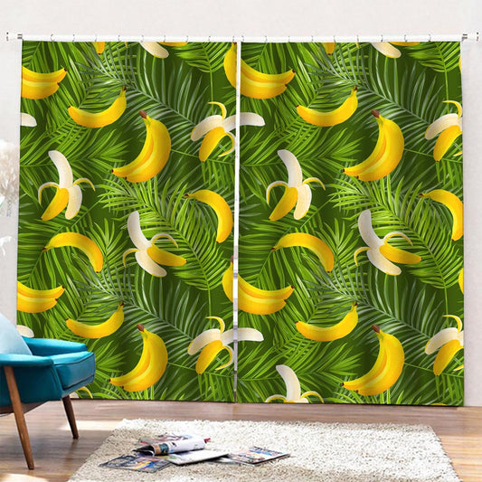Green Tropical Banana Pattern Print Pencil Pleat Curtains