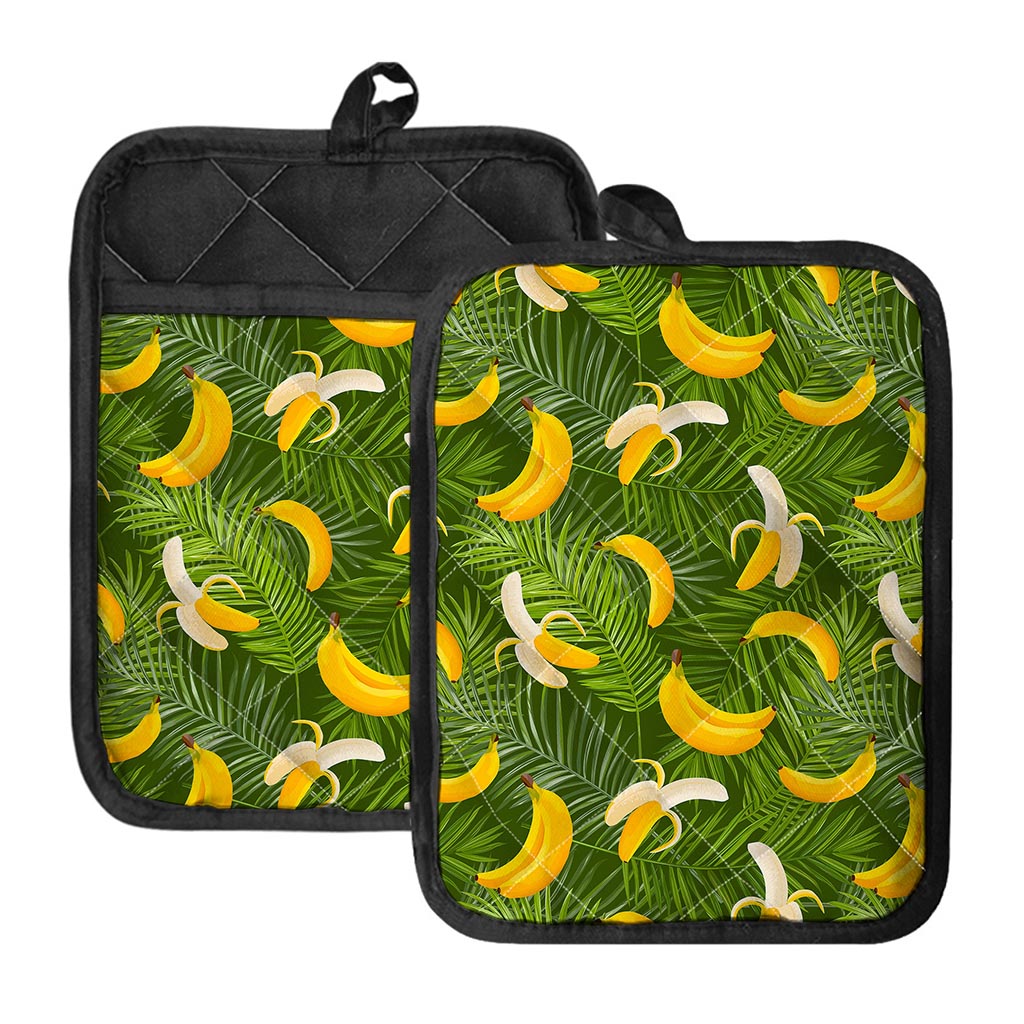 Green Tropical Banana Pattern Print Pot Holders With Pocket