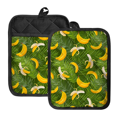 Green Tropical Banana Pattern Print Pot Holders With Pocket