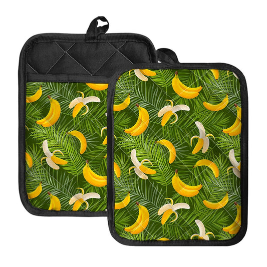 Green Tropical Banana Pattern Print Pot Holders With Pocket