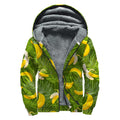 Green Tropical Banana Pattern Print Sherpa Lined Zip Up Hoodie
