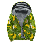 Green Tropical Banana Pattern Print Sherpa Lined Zip Up Hoodie