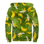 Green Tropical Banana Pattern Print Sherpa Lined Zip Up Hoodie