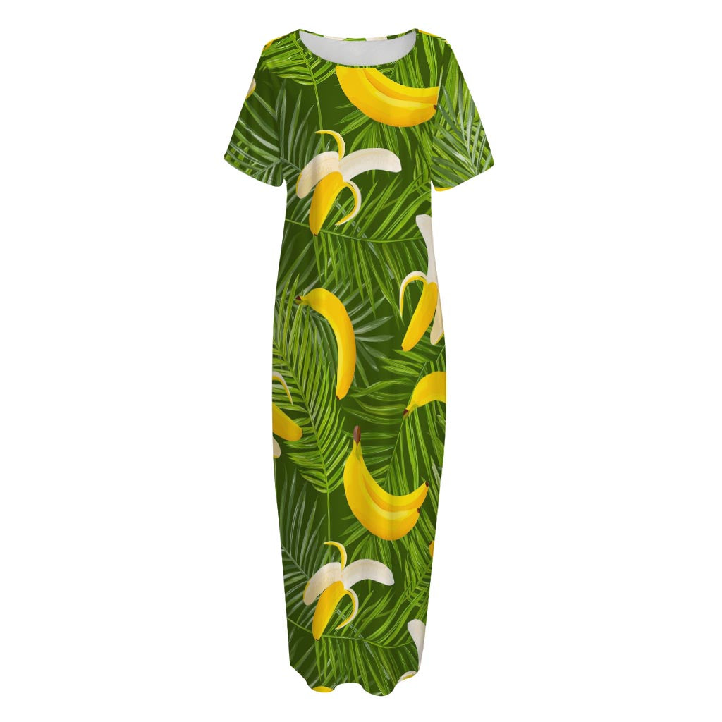 Green Tropical Banana Pattern Print Short Sleeve Long Nightdress