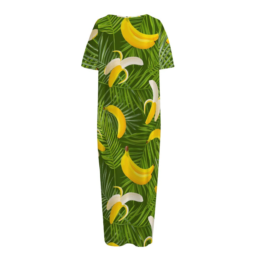 Green Tropical Banana Pattern Print Short Sleeve Long Nightdress
