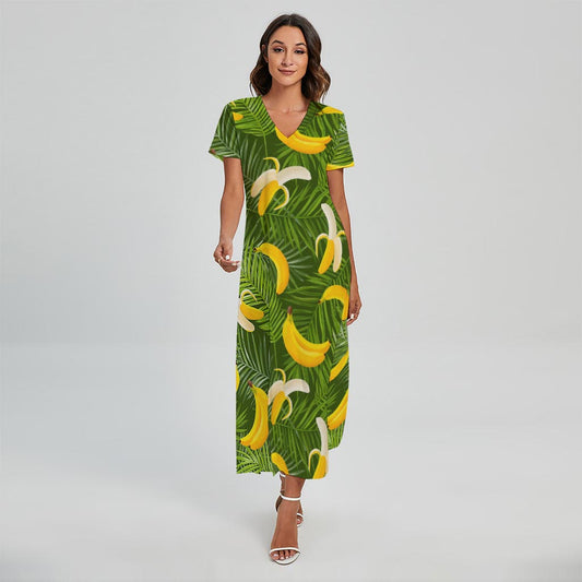 Green Tropical Banana Pattern Print Short Sleeve Maxi Dress