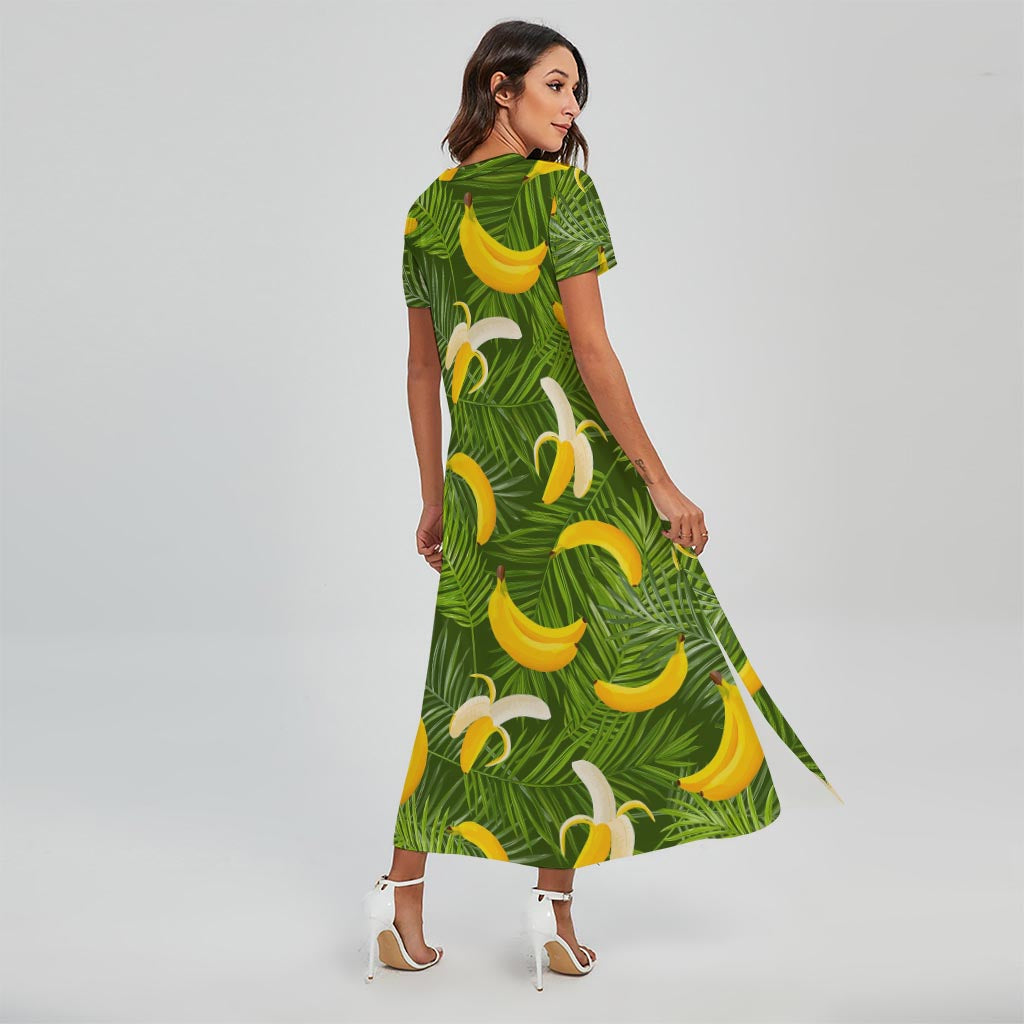 Green Tropical Banana Pattern Print Short Sleeve Maxi Dress