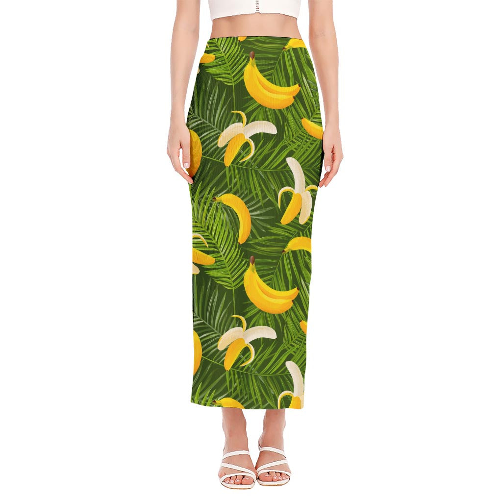 Green Tropical Banana Pattern Print Side Slit Maxi Skirt