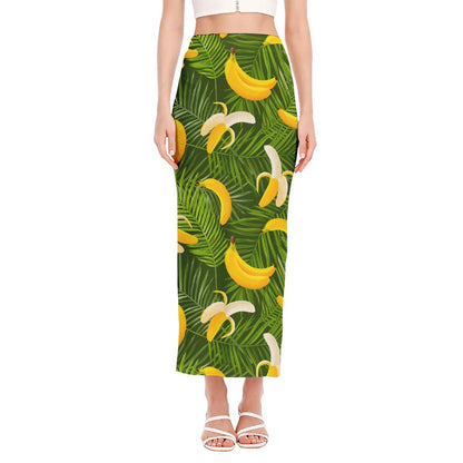 Green Tropical Banana Pattern Print Side Slit Maxi Skirt