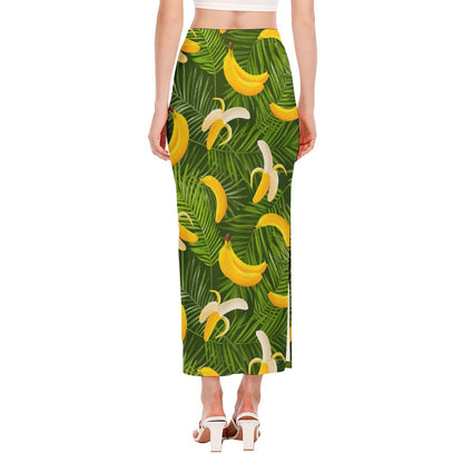 Green Tropical Banana Pattern Print Side Slit Maxi Skirt