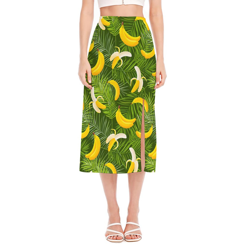 Green Tropical Banana Pattern Print Side Slit Midi Skirt