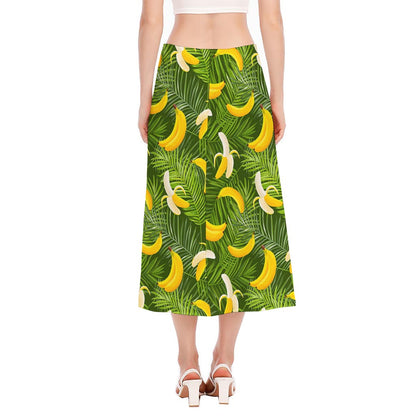 Green Tropical Banana Pattern Print Side Slit Midi Skirt