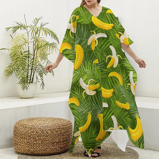 Green Tropical Banana Pattern Print Silk V-Neck Kaftan Dress
