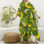 Green Tropical Banana Pattern Print Silk V-Neck Kaftan Dress