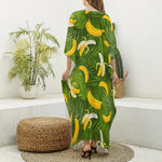 Green Tropical Banana Pattern Print Silk V-Neck Kaftan Dress