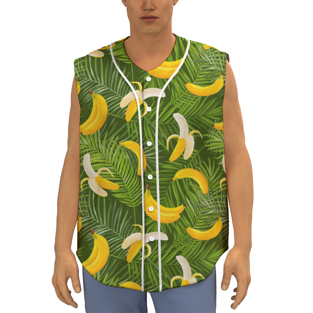 Green Tropical Banana Pattern Print Sleeveless Baseball Jersey