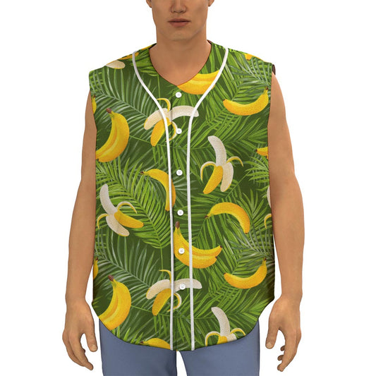 Green Tropical Banana Pattern Print Sleeveless Baseball Jersey