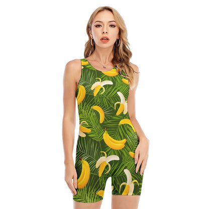 Green Tropical Banana Pattern Print Sleeveless One Piece Swimsuit