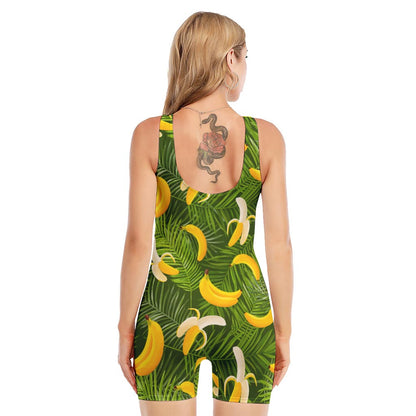Green Tropical Banana Pattern Print Sleeveless One Piece Swimsuit
