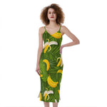 Green Tropical Banana Pattern Print Slim Fit Midi Cami Dress